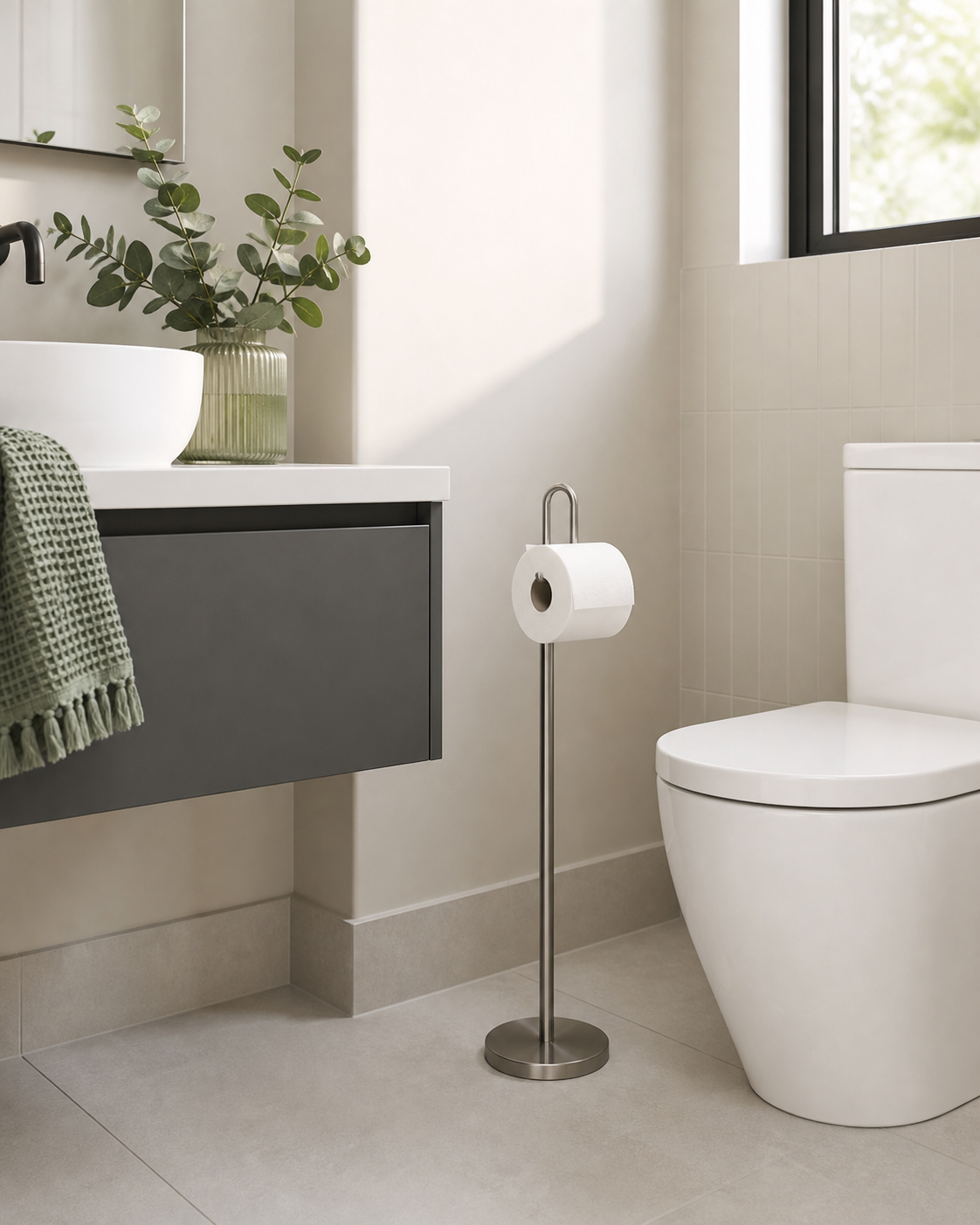 Loop Toilet Roll Stand — in-home view