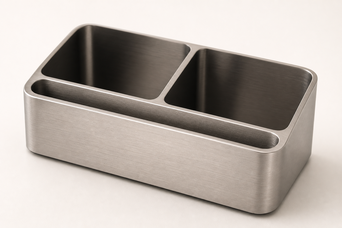 Axis Desk Organiser in brushed silver — detail view