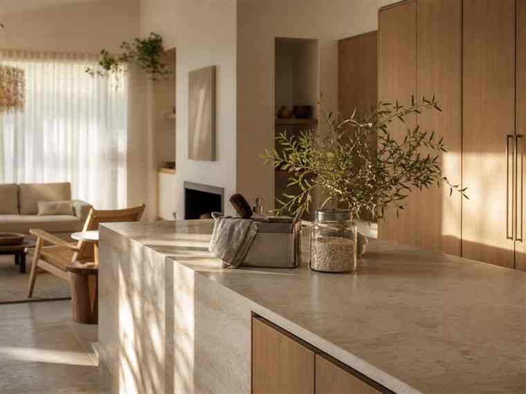 A calm VELLORA kitchen and living space